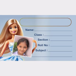 Customized School Notebook Label Stickers with Barbi theme Doll, Blue Background.