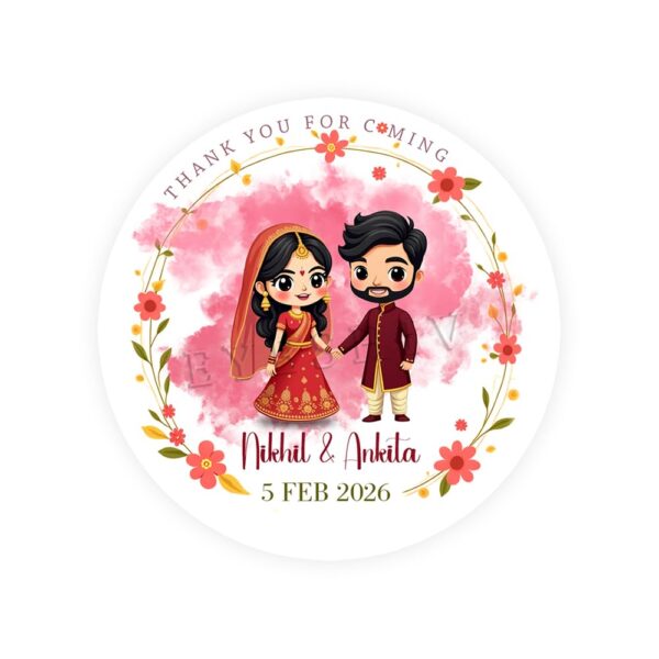 Personalized Indian Wedding Thank You Stickers Round Shape, Return Gift Stickers for Wedding Marriage or Anniversary Functions, Customized Sticker with Couple Design 60 Pics (Peach)