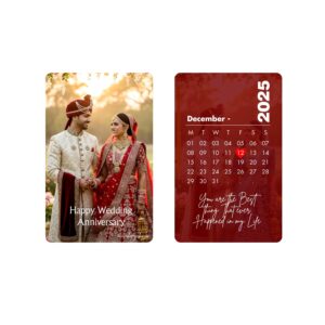 Personalized Wedding Anniversary photo Wallet Card with Calendar, Double Sided Print, Maroon and White, 3x5cm, Modern Elegant Design, Aneversory Reminder
