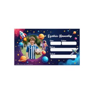 Customized Name Slip Stickers with Photo, Space Galaxy Theme, School Label for Books and Notebooks, Glossy Vinyl, 5 x 8.9 cm, 30 Labels