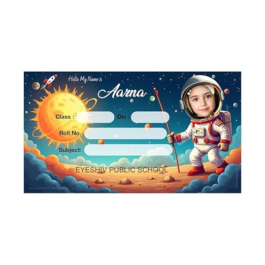 Customized Name Slip Stickers with Photo, Astronaut Theme, School Label for Books, Multi Color, 2.5 x 5.0 Centimeters, 30 Labels