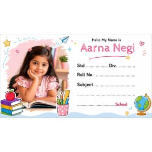 Customised Colourful Nameslip for Kids, Self-Adhesive Paper Label Stickers, Multi Colour, Globe and books theme 2.5 x 5.0 Centimeters, 30 Pieces (Baby Pink)
