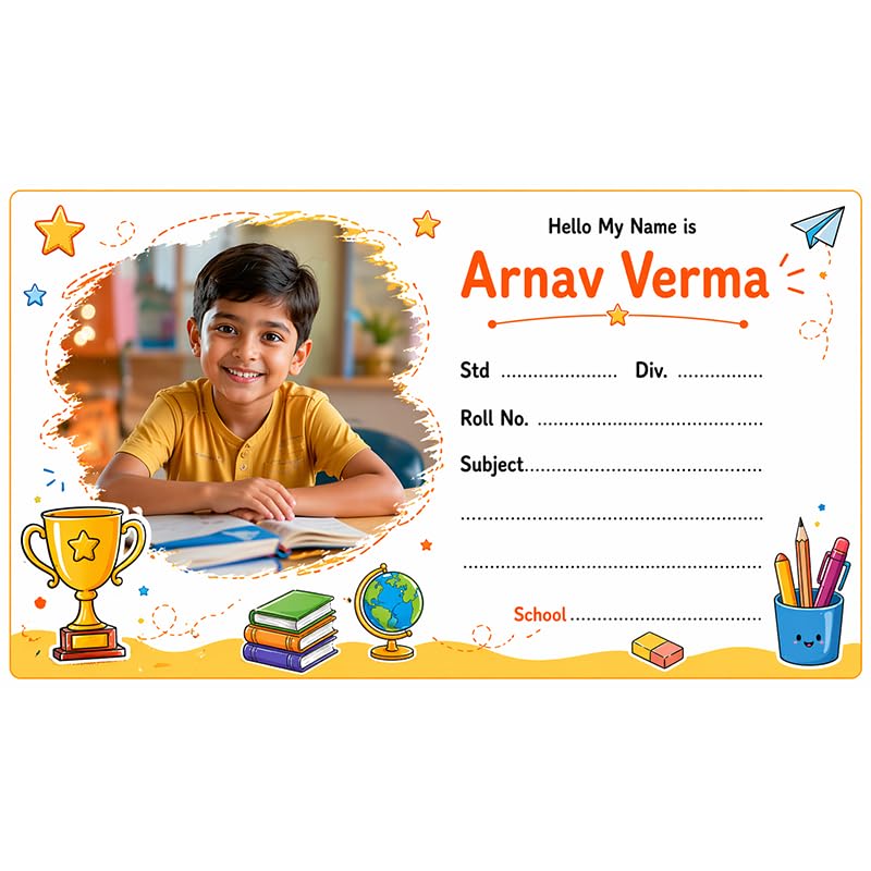 Customised Colourful Nameslip for Kids, Self-Adhesive Paper Label Stickers, Multi Colour, 2.5 x 5.0 Centimeters, 30 Pieces (Yellow)