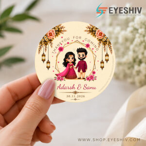Eyeshiv Customized Wedding Thank You Stickers Round Shape, Return Gift Stickers for Wedding Marriage or Anniversary Functions, Customized Sticker with Couple Design Golden theme 60 Pics