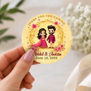 Personalized Indian Wedding Thank You Stickers Round Shape, Return Gift Stickers for Wedding Marriage or Anniversary Functions, Customized Sticker with Couple Design Golden theme 60 Pics (Peach)