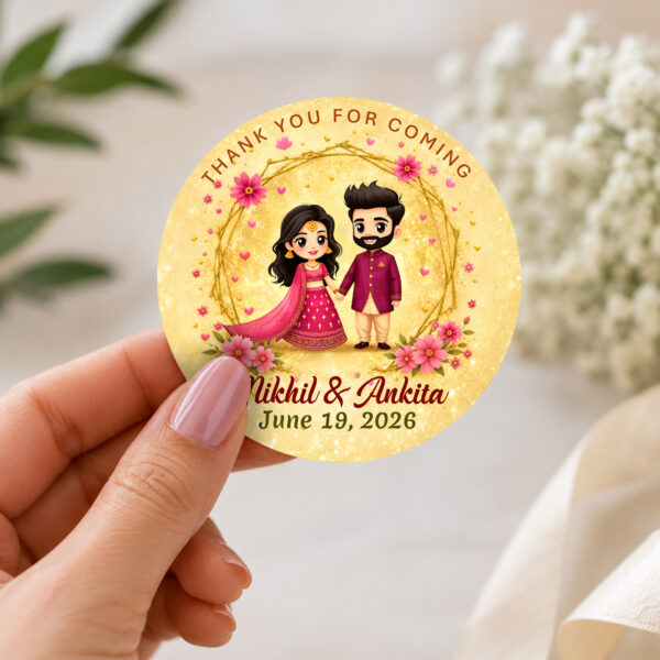 Personalized Indian Wedding Thank You Stickers Round Shape, Return Gift Stickers for Wedding Marriage or Anniversary Functions, Customized Sticker with Couple Design Golden theme 60 Pics (Peach)