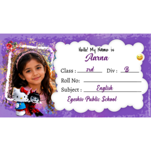 Eyeshiv Customized Name Slip Stickers with Your Kids Photo School Books, Hello ketty purple theme, Waterproof, Theme, 30 Pcs.