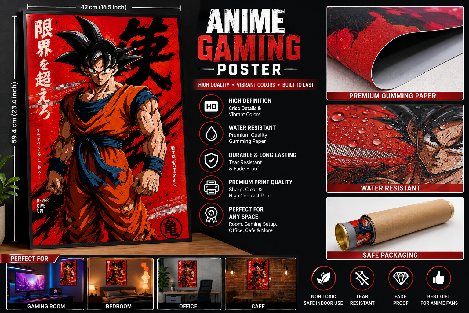 EYESHIV Anime wall Poster dark red and black theme, 13x19 Inches | 33x48 cm, 3-Panel Design (Copy)