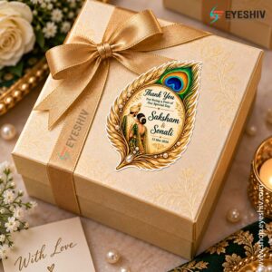 Personalized Indian Wedding Thank You Stickers Round Shape, Return Gift Stickers for Wedding Marriage or Anniversary Functions, Customized Sticker with Couple Design Golden theme 50 peacock-feather